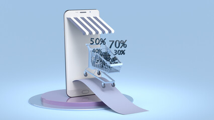 An illustration of a mobile phone and a cart with discount percentages. The concept of an online store, sales. 3D rendering