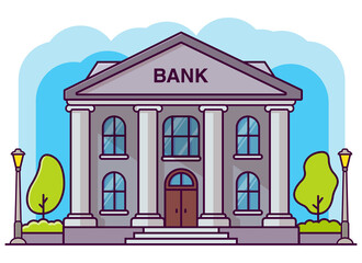 Bank building with columns. Flat cartoon style vector illustration.Financial house.