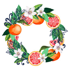Blue foliage leaf orange grapefruit blossom and leaves design for bridal party frame wreath bouquet border invitation illustration hand