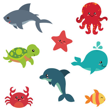 Set of cute sea animals. Group funny fauna of ocean cartoon vector illustration