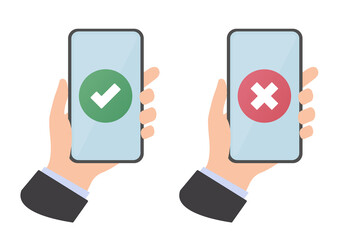 Human hand holding mobile phone. Colored flat illustration. Isolated on white background.