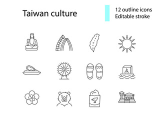 Taiwan culture outline icons set. Taiwanes attractions. Buddha, formosan. Editable stroke. Isolated vector illustration