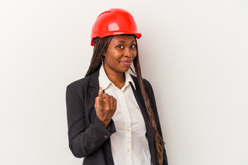 Young african american architect woman isolated on white background pointing with finger at you as if inviting come closer.