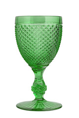 Beautiful empty green wine glass. the shape of the glass is reminiscent of old-fashioned textured dishes. Isolated on white background. File contains clipping path.