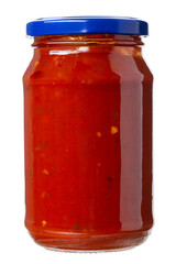 Tomato sauce jar isolated on white background, full depth of field. File contains clipping path. Design element.