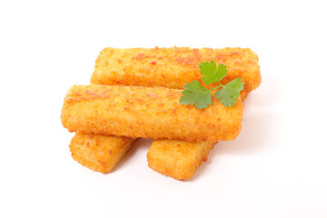 crispy breaded fish fillet on white background
