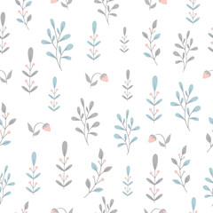 Fototapeta na wymiar Seamless texture. Branches, leaves and berries, for backgrounds, textiles, fabrics, wallpapers, wrapping paper. Pastel colors.