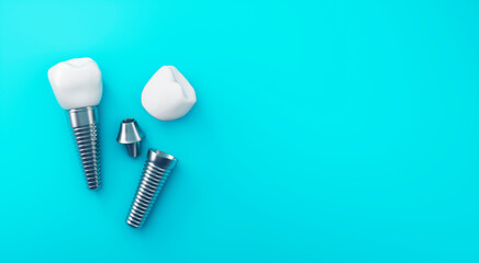 Zahnimplantat in Einzelteilen auf türkisem Untergrund
