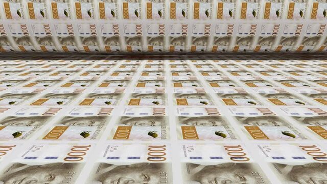 Inflation. Swedish krona banknotes or bills, SEK currency cash in Sweden. Stack of money printing machine. Paper process in central bank. Economic, finance. Laundering.Rich exchange. 3d illustration