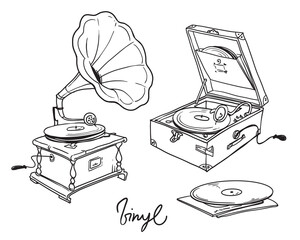 line drawing of vintage classic and potrable gramophone vector illustration