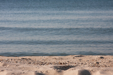Tropical beach view. Calm and relaxing empty beach scene, blue sky and white sand.