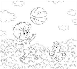 Happy little boy running and playing a big striped ball with his cute merry pup in a pretty park on summer vacation, black and white outline vector cartoon illustration for a coloring book page