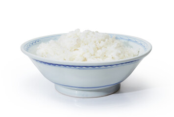 Cooked rice on old style plate isolated on white background