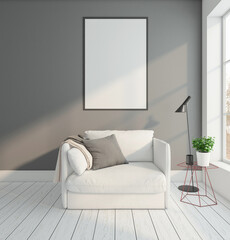 Minimal empty room with armchair and picture frame, floor lamp. 3D rendering