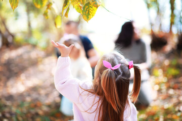 Leaf fall in the park. Children for a walk in the autumn park. Family. Fall. Happiness.