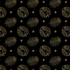 Holiday vector black and gold exotic pattern for wedding card, luxury menu template, summer holiday poster, sale banner. Tropical cover luxury design set with golden leaf print on background. 
