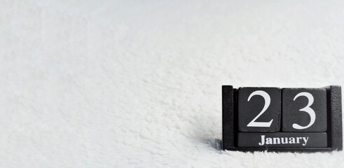 Wooden calendar from blocks on white background with copy space. 23rd of January