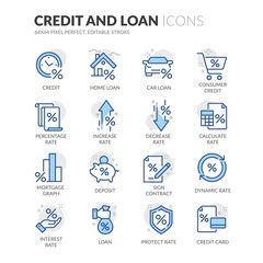 Simple Set of Credit and Loan Related Vector Line Icons.  Contains such Icons as Rate Calculator, Credit Card, Deposit and more. Editable Stroke. 64x64 Pixel Perfect.