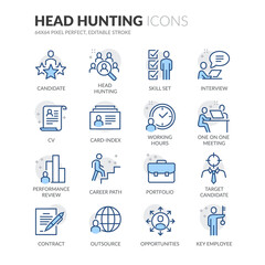 Simple Set of Head Hunting Related Vector Line Icons.  Contains such Icons as Candidate, CV, Card Index, Outsource and more. Editable Stroke. 64x64 Pixel Perfect.