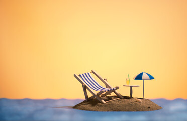 Still life shot of an island with an umbrella,one sunbed, a table and a drink on it.