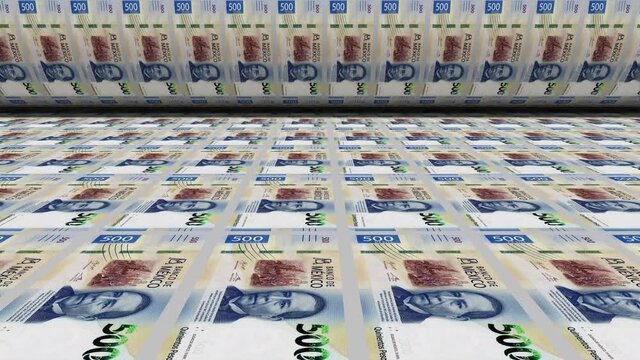 Inflation. Mexican peso banknotes or bills, MXN currency cash in Mexico. Stack of money printing machine. Paper in central bank. Economic, finance. Laundering.Rich exchange. 3d illustration