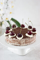 Vegan healthy Blackforest cake with cherries and almond cream