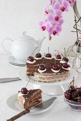 Vegan healthy Blackforest cake with cherries and almond cream