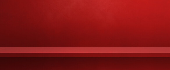 Obraz premium Empty shelf on a red wall. Background template. Horizontal banner