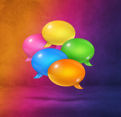 multicolor speech bubbles on purple square background