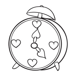 sketch, alarm clock which has hearts instead of numbers, coloring book, isolated object on a white background, wind illustration,