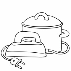sketch, still life from a saucepan and iron, coloring, isolated object on a white background, wind illustration,