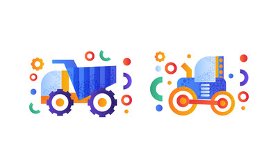 Heavy Industrial Machinery Set, Tractor and Dump Truck Flat Vector Illustration