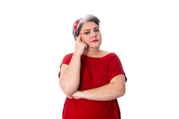 People diversity young chubby white haired pensive lady with angry expression wearing red outfit on white background