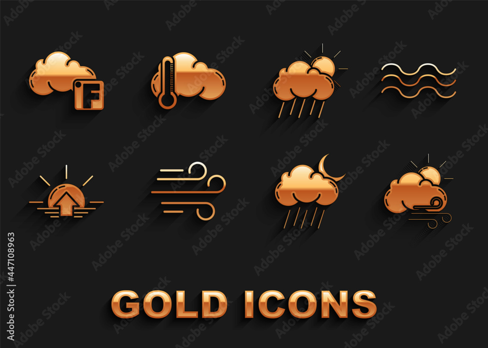 Poster Set Wind, Waves, Windy weather, Cloud with rain and moon, Sunrise, sun, Fahrenheit cloud and Thermometer icon. Vector