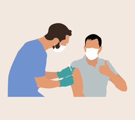 People and Doctor wearing Face Mask Fight Against Covid-19, Coronavirus Disease, Health Care and Safety. Сovid-19 mass vaccination. Doctors and nurses with syringe in hand. Kids vaccination. 