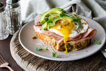 Close up of ham, egg and avocado toast ready for eating.