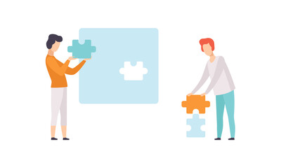 People Connecting Puzzle Pieces, Man Putting Last Puzzle in Jigsaw Flat Vector Illustration