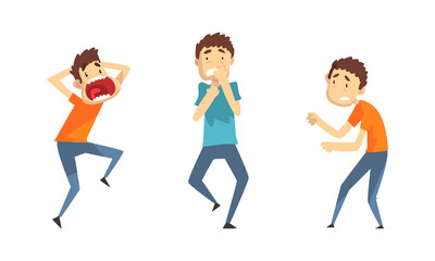 Emotional Frightened Men Set, Scared and Panicked Boy, Panic Attack, Anxiety Phobia, Crisis Concept Cartoon Vector Illustration