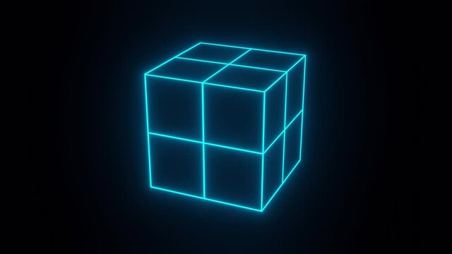  blue neon lattice rotating cube. Abstract animation 4k render