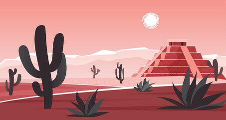 Aztec altar pyramid in wild landscape in Mexico, Maya civilization vector illustration. Cartoon stone ancient ziggurat, Mayan temple building in Mexican hot desert scenery, archeology background