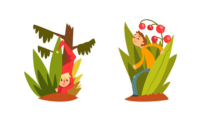 Cute Kids in Nature, Funny Fairy Creatures on Beautiful Natural Landscape Cartoon Vector Illustration