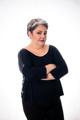 people diversity young lady with crossed arms white hair wearing black on white background.