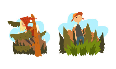 Children Got Lost in Forest, Girl Sitting on Pine and Looking into Distance, Boy Standing in Tall Grass Cartoon Vector Illustration