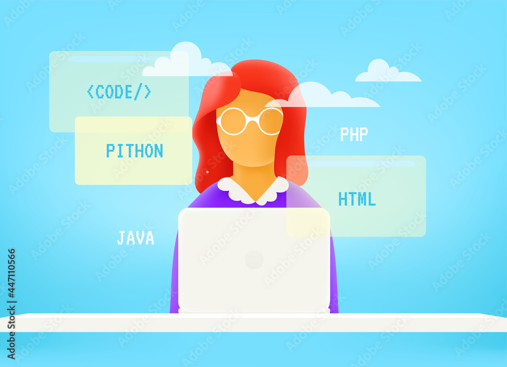 Poster Web developer working via internet. 3d style cute illustration