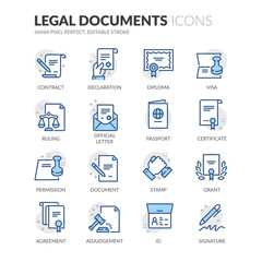 Simple Set of Legal Documents Related Vector Line Icons.  Contains such Icons as Declaration, Permission, Grant and more. Editable Stroke. 64x64 Pixel Perfect.