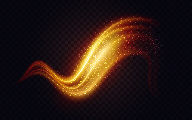 Golden wave with sparkle bokeh, abstract light effect vector illustration. Luxury shine of gold curve motion lines and shining confetti particles, bright swirl glitter on transparent black background