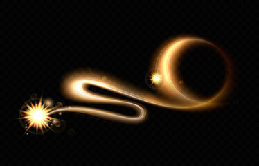 Star comet gold dust trail with curve motion lines vector illustration. Abstract magic gold glittering shining star flying with bokeh lens flare in space, glowing light wave effect on dark background