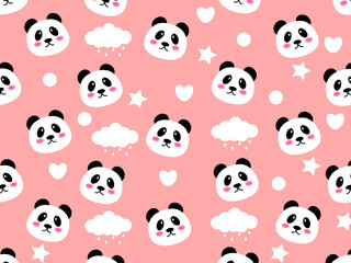 Panda Seamless Pattern Background, Happy cute the sky between clouds and star, Cartoon Panda Bears Vector illustration 
