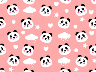 Naklejka premium Panda Seamless Pattern Background, Happy cute the sky between clouds and star, Cartoon Panda Bears Vector illustration 