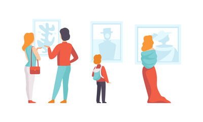 Art Gallery, Visitors Looking Paintings Hanging on Wall Flat Vector Illustration